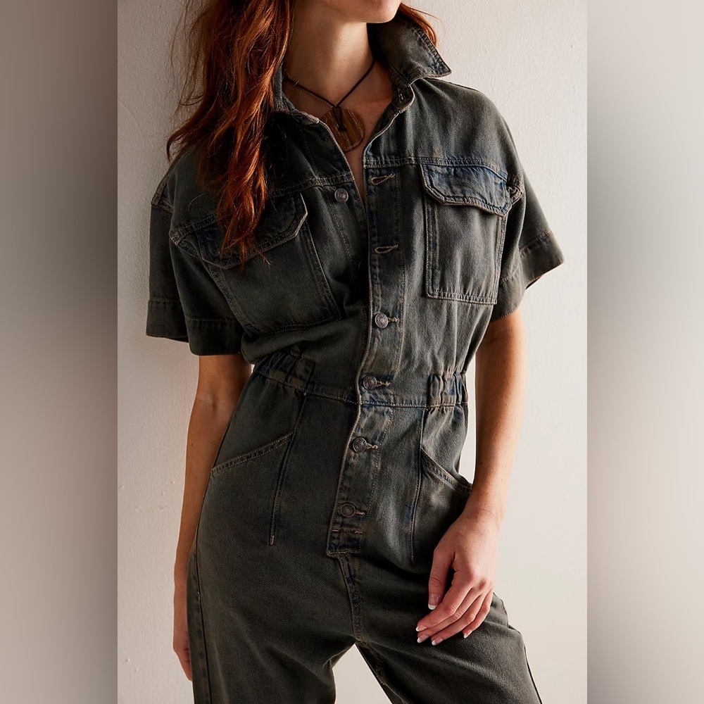 Free People Marci Denim Coverall Jumpsuit - Dark Wash Gray - Size Small - Picture 4 of 9